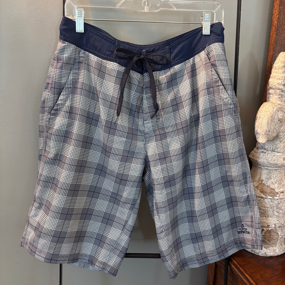 PrAna Mens Swim Trunks Board Short Sz 32 Tie Waist With Pockets Blue Gray Plaid